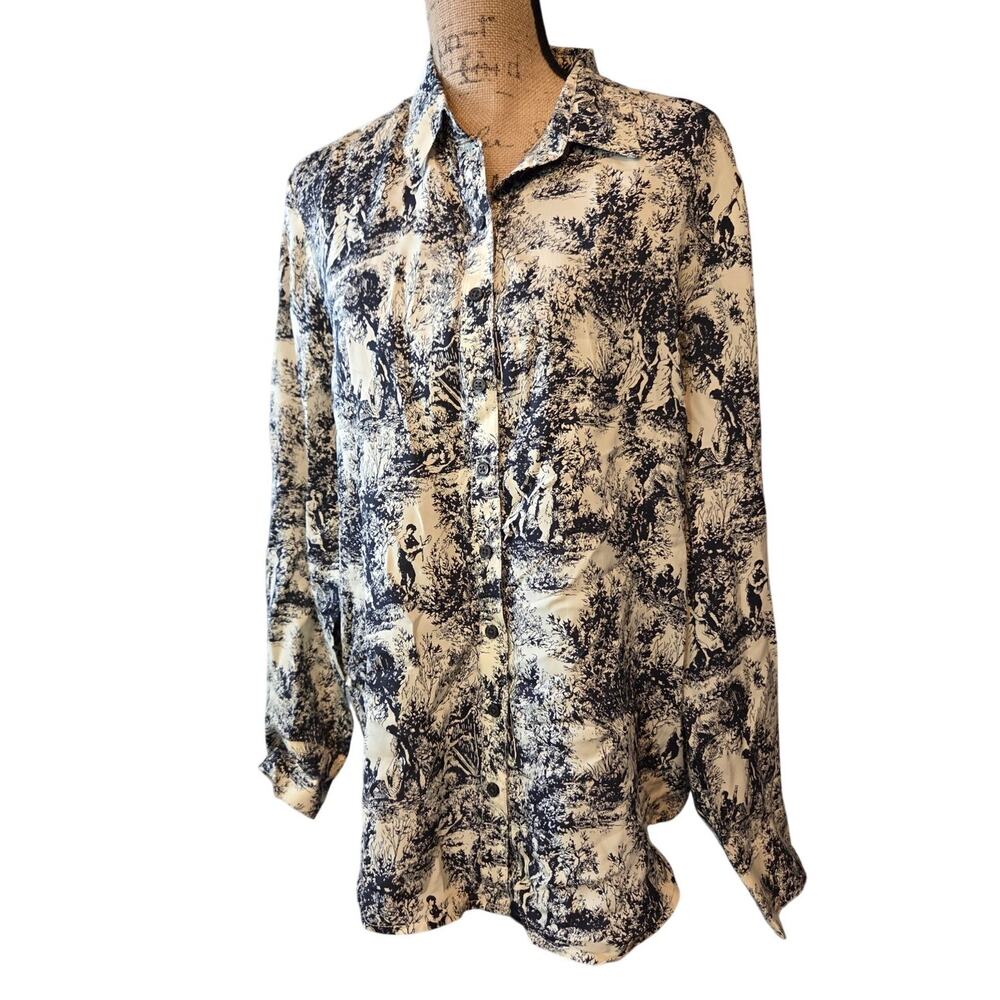 J Crew drapery toile print button up blouse classic graphic L